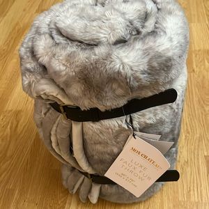 Mon Chateau Luxury Luxe Faux Fur Throw, 60"x70" Reversible Brand New Gray/Tan/Br